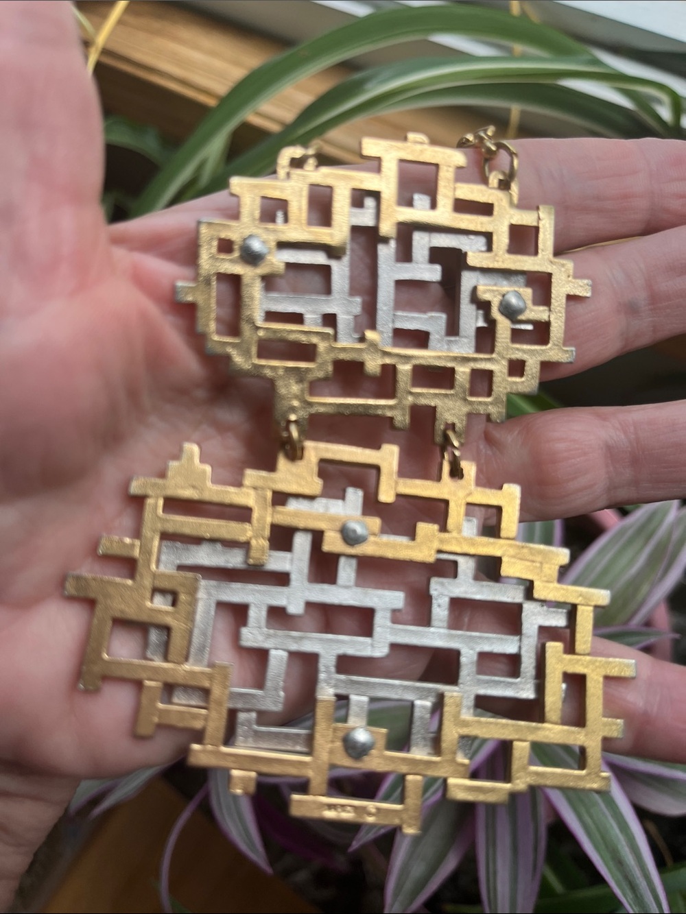 Vtg Napier 70s Geometric Maze Gold Silver 2 Pendant Statement Necklace Brutalist - Picture 4 of 6